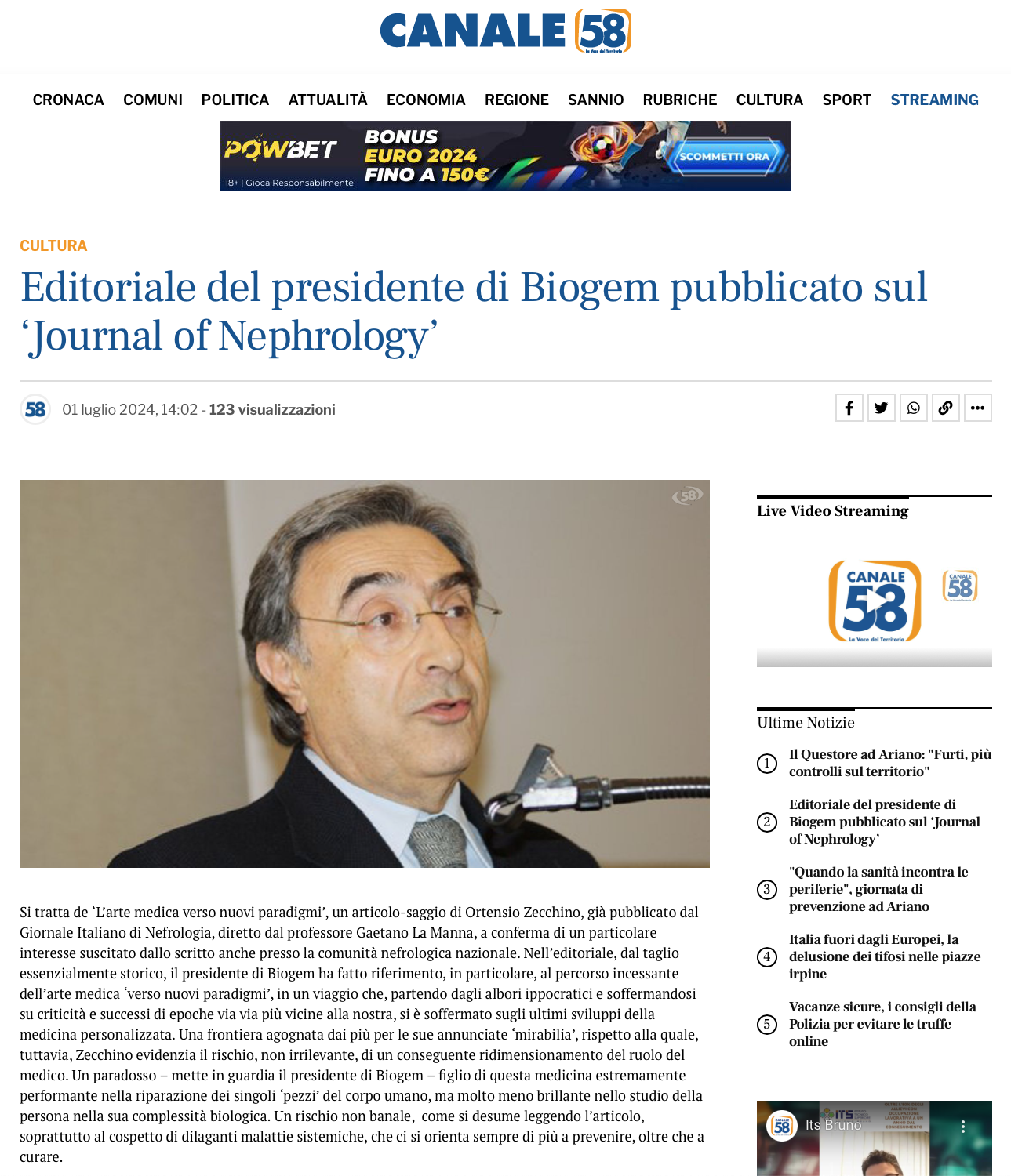 Editoriale del presidente di Biogem pubblicato sul ‘Journal of Nephrology’